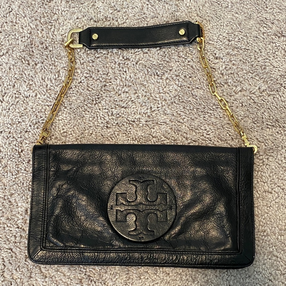 Tory Burch Black Clutch with Gold Chain